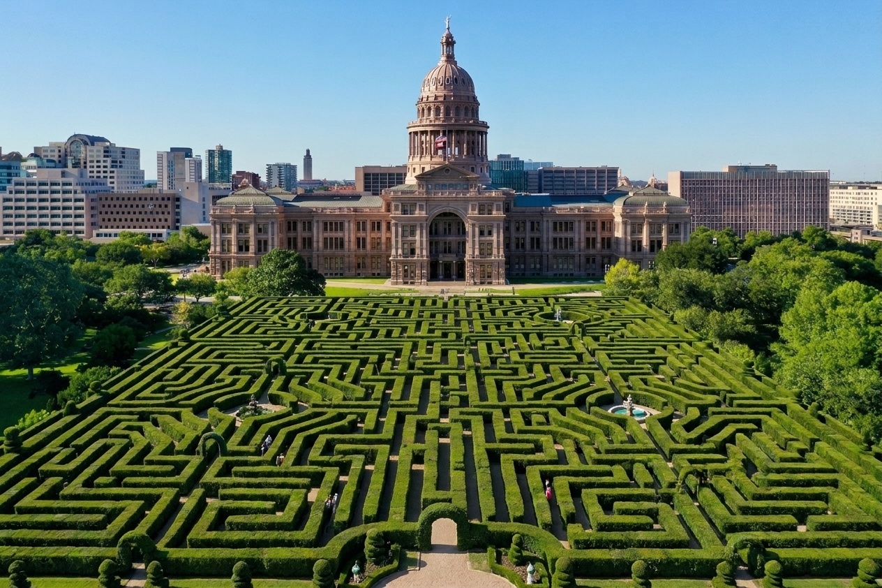 Texas state capitol with hedge maze lawn